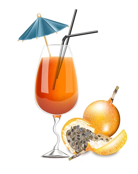 Granadilla Fruchtcocktail-Vektor. realistische sommergetränk tropischen saft 3d illustrationen — Stockvektor