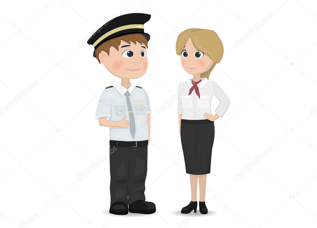 Pilot and stewardess Vector. Cartoon characters isolated