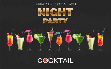 Kokteyl içki vektör gerçekçi afiş. Gece parti şablonu ile yaz koleksiyonu içer. 3D çizimler