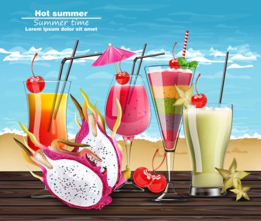 Yaz kokteyl vektör gerçekçi afiş içer. Beach egzotik tropikal içecekler koleksiyonu ile sıcak şablonu. 3D çizimler