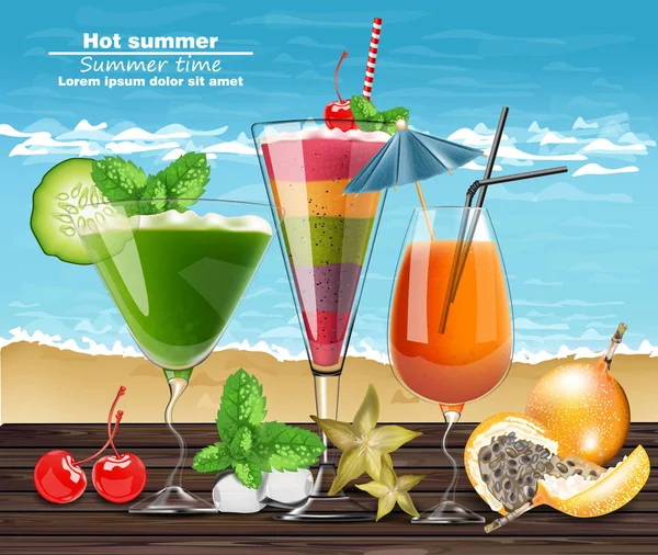 Bebidas de cocktail de verão Vector banner realista. Praia modelo quente com coleção de bebidas tropicais exóticas. Ilustrações 3d — Vetor de Stock