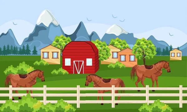 Horses farm, green field Vector. Farm ville sunny summer day backgrounds — Stock Vector