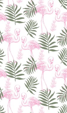 Flamingolar ve palmiye yaprakları Dikişsiz desen vektör. Yaz tropikal arka plan