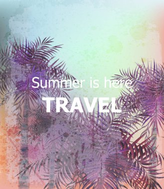 Vintage yaz seyahat kartı vektör. Tropic arka plan palmiye ağaçları. Ultra violet trendy renkler
