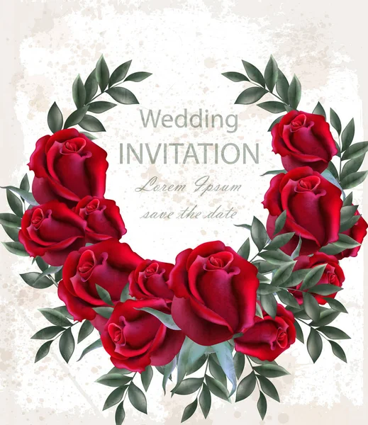 Esküvői Rózsa koszorú vektor. Gyönyörű piros Virág Koszorú. Meghívás elegáns dekorációval valósághű 3D-s illusztráció a kártya — Stock Vector