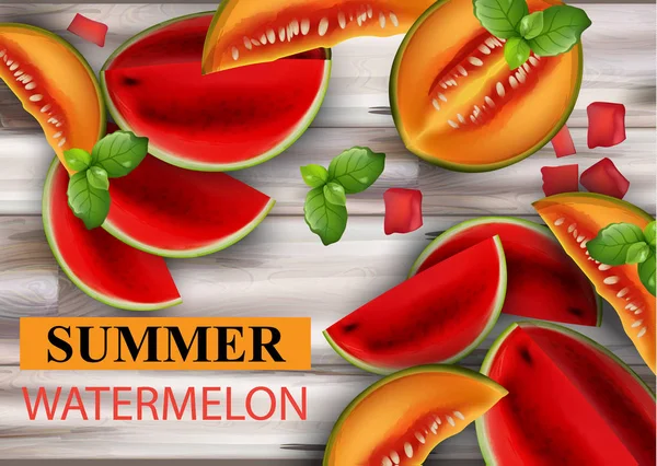 Summer watermelon and melon Vector. Fruits slices on wooden backgrounds — Stock Vector