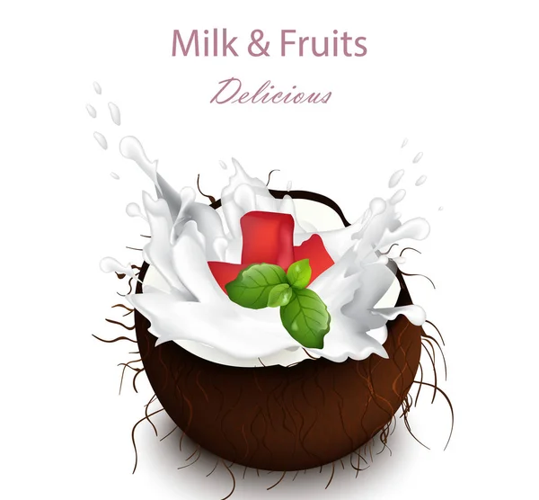 Spruzzi di latte di cocco Vector. Deliziosa bevanda naturale — Vettoriale Stock