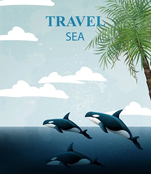 Tarjeta de Viaje de Verano con Vector Ballenas. Fondos de agua de mar tropical — Vector de stock