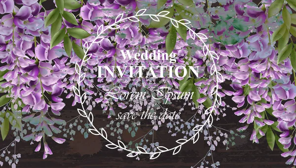 등나무 꽃 결혼식 초대 카드 벡터. 화려한 자연의 아름다움 디자인 장식 — 스톡 벡터
