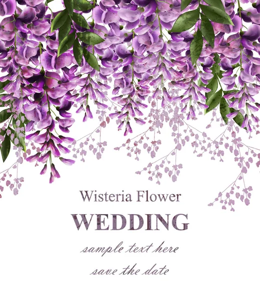 Tarjeta de invitación de boda con flores de glicina Vector. Hermosa decoración de flores. Preciosos diseños de belleza de naturaleza — Vector de stock