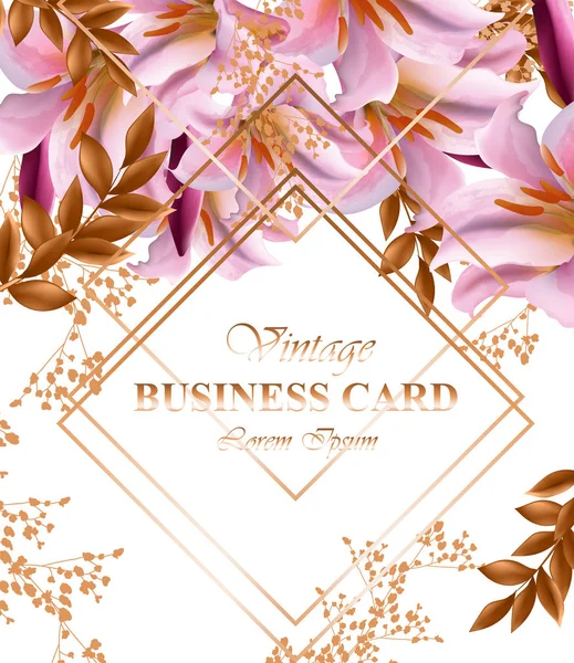 Wizytówki z piękne różowe kwiaty. Złoconych ramach streszczenie stylowy karty — Wektor stockowy