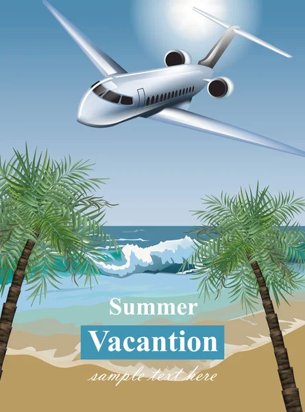 带热带海滩和平面矢量的夏日假期贺卡。旅行卡异国情调的目的地模板横幅 — 图库矢量图片