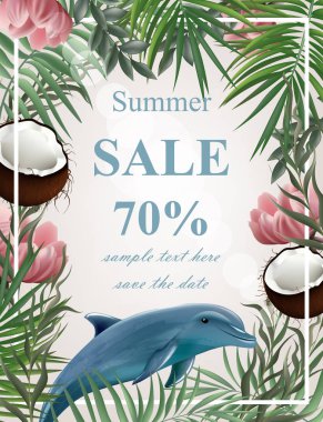 Palmiye ağacı, hindistancevizi, yunus vektör yaz Satılık kartı