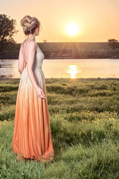 Woman watching the sunset in a long glamorous dress. Beautiful landscapes view, shot from the back