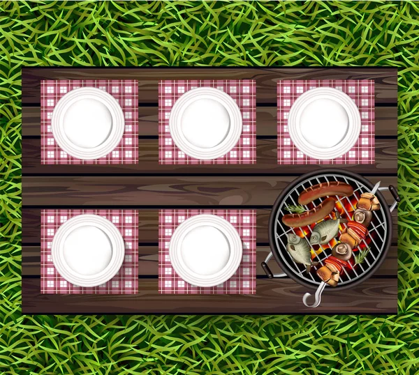 Piknik Barbekü vektör gerçekçi. Üstten görünüm yeşil çim ve sosis ızgara plakaları