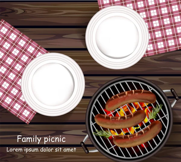 Picknick BBQ Vektor realistisch. Teller aus Holz und Würstchen auf dem Grill — Stockvektor