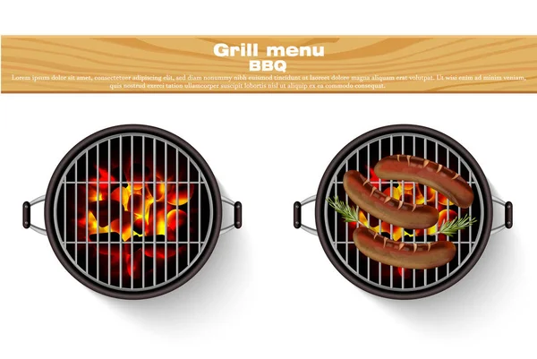 Grill grill isolerade vektor. Realistiska heta brand bbq grillad korv — Stock vektor