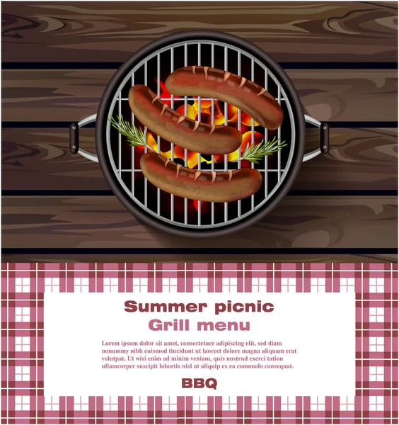 BBQ grill fa háttér. A kolbászt forró nyári piknik sablon vektor — Stock Vector