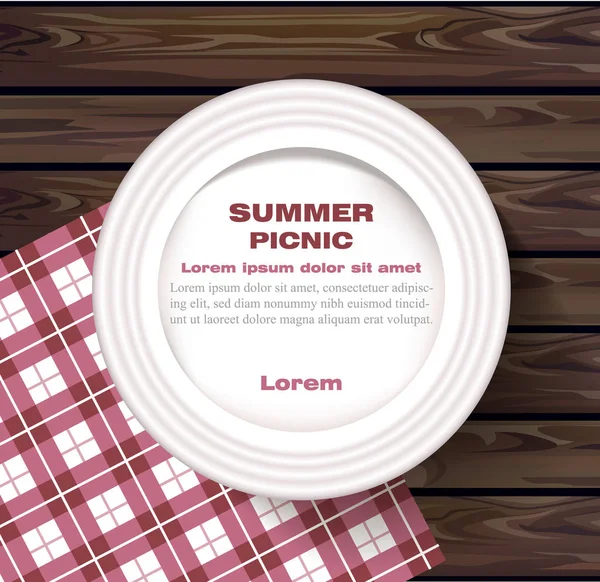 Weißer Teller auf Holztisch Sommerpicknick Konzeptvektor — Stockvektor