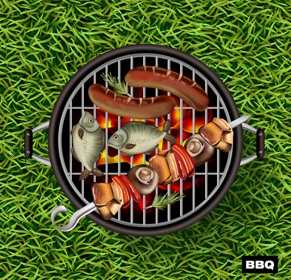 Picnic bbq Vector realista. Fondo verde césped hierba. Pescado y salchichas cocinando en la parrilla — Vector de stock