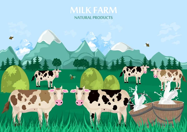 Milchbauernhofkonzept. Kühe grüne Wiese Hintergrund. Vektor — Stockvektor