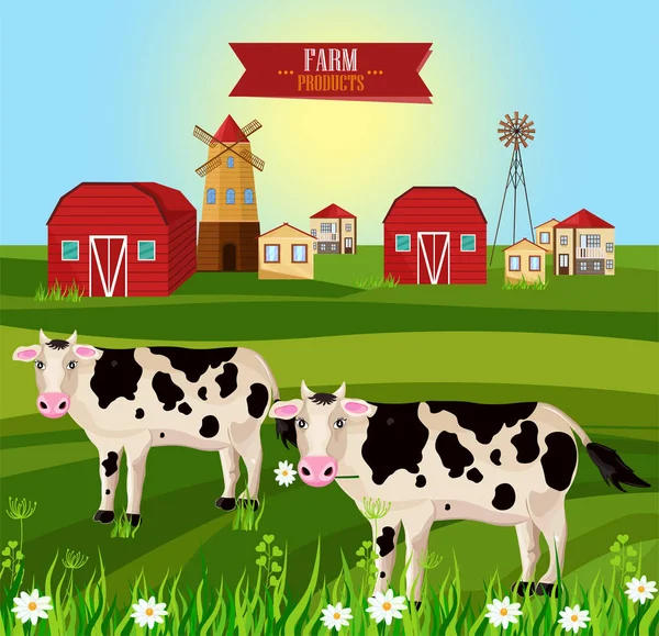 Krávy jíst trávu farma ville vektoru. Zelená pole letní venkovní pozadí — Stockový vektor
