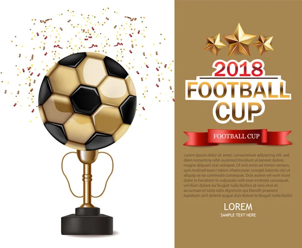 Gouden cup en voetbal bal realistische Vector. Voetbal finale competitie. Mock up ontwerp 3d Flyer sjabloon gouden achtergronden — Stockvector