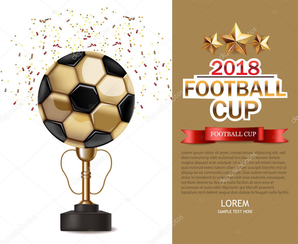 Golden cup and soccer ball Vector realistic. Football finals Competition. Mock up design 3d Flyer template golden backgrounds