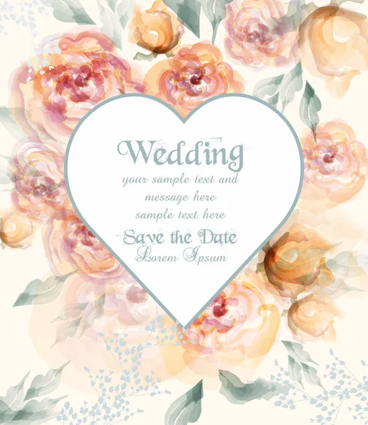 Gyönyörű szív alakú esküvői meghívók, akvarell virágok vektoros illusztráció — Stock Vector