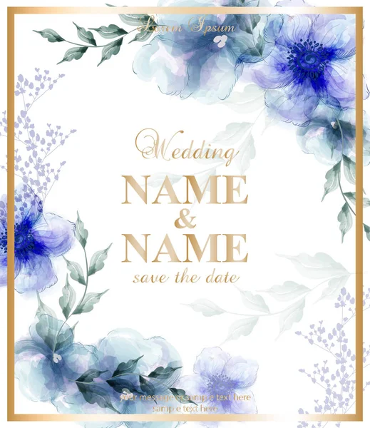 Wedding card with watercolor blue flowers Vector illustrations — Stock Vector