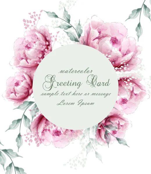 Carta di fiori di peonia acquerello Weath Blossom Vector. Biglietto di auguri floreale vintage. Peonie estive mazzi di fiori — Vettoriale Stock
