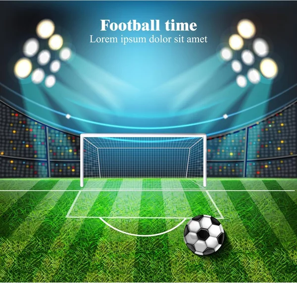 Campo de futebol Vector realista. Bola de futebol no estádio com luzes. ilustrações 3d detalhadas — Vetor de Stock