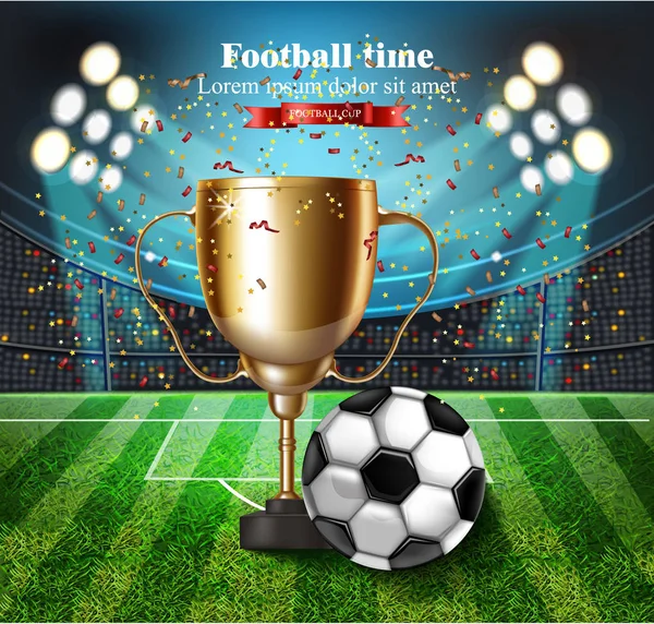 Coupe de football sur le stade Vector. Vainqueur concept champion — Image vectorielle