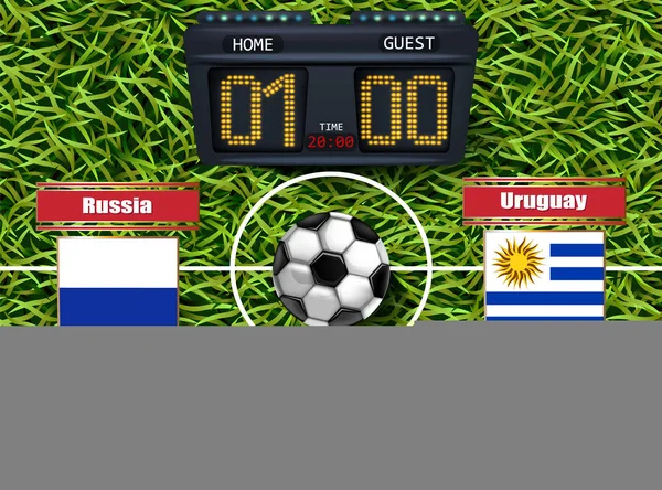 Rússia vs Uruguai Campeonato de futebol Vector. Modelo realista seleciona bandeiras nacionais de futebol. grama verde fundo — Vetor de Stock