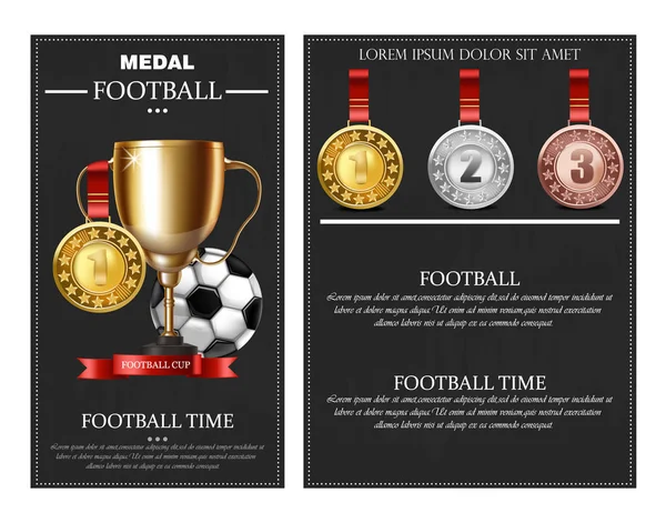 Prix et médailles de football Illustration vectorielle réaliste. Bannières d'affiche de tasse de gagnant — Image vectorielle