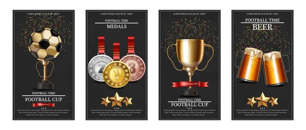 Premio de fútbol y medallas Ilustración realista vectorial. Banderas de póster de copa ganadora — Archivo Imágenes Vectoriales