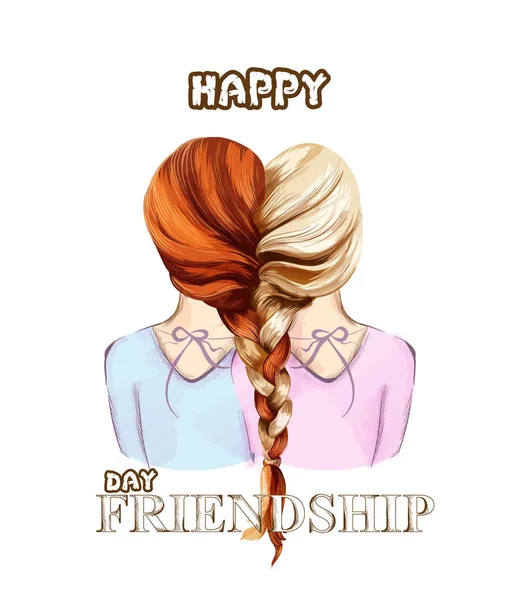 Tarjeta Feliz Día de la Amistad Vector. Dos chicas unidas por trenzado de pelo — Vector de stock