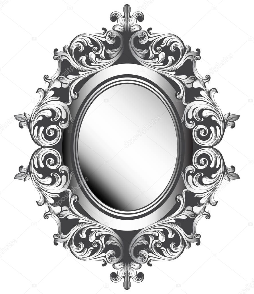 Baroque silver mirror frame. Vector French Luxury rich intricate ornaments. Victorian Royal Style decors