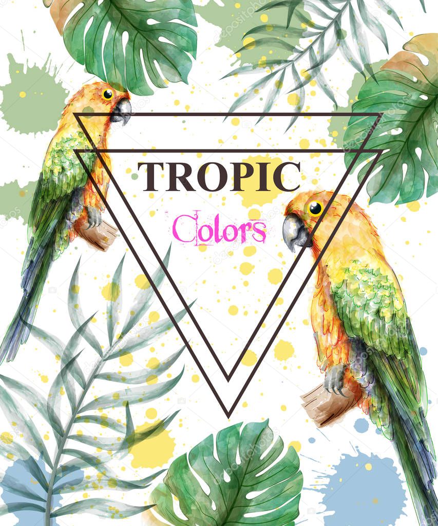 Tropical paradise with watercolor parrots and palm leaves card background Vector