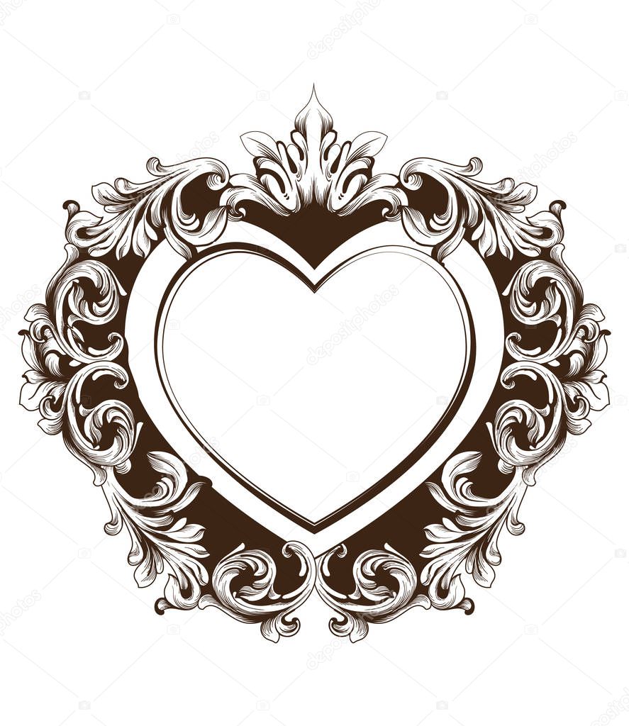 Vintage baroque frame heart shape card Vector. Detailed rich ornament illustration graphic line arts