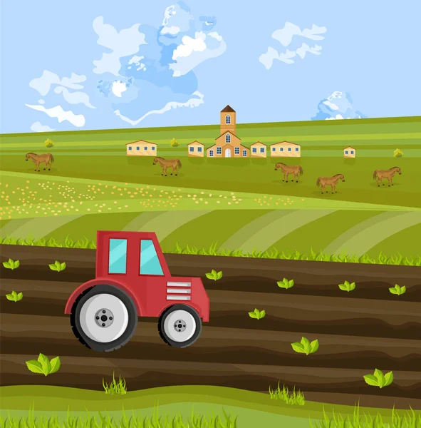 Traktor je zpracování země na farmě vektor — Stockový vektor