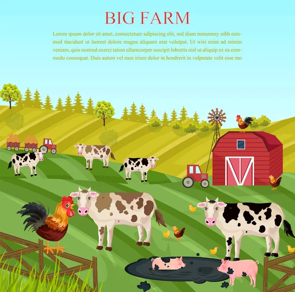Vacas y cerdos animales en la granja Vector. fondos verdes de verano — Vector de stock