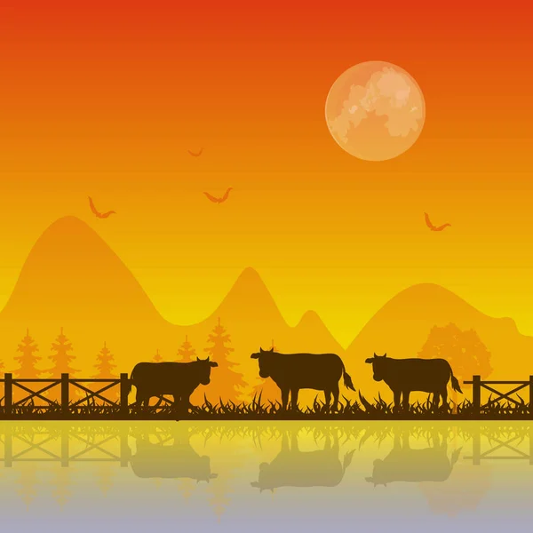 Koeien silhouet op zonsondergang vectorillustraties achtergrond — Stockvector