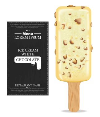 Beyaz çikolatalı dondurma vektör gerçekçi. Ürün ambalaj kadar sahte. Tatlı tasarımlar yemek listesi etiket