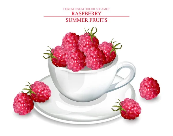 Raspberry dalam gelas putih Vektor realistis. Musim panas template buah-buahan lezat. Ilustrasi mendetail 3d - Stok Vektor