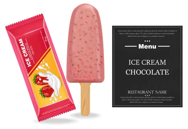 Çilekli dondurma vektör gerçekçi. Ürün ambalaj kadar sahte. Tatlı tasarımlar yemek listesi etiket