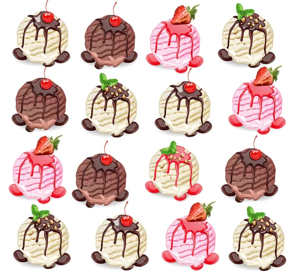 Boules de crème glacée motif vectoriel. Saveurs de chocolat, vanille et fraise textures de fond — Image vectorielle