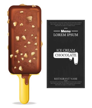 Çikolatalı dondurma vektör gerçekçi. Ürün ambalaj kadar sahte. Tatlı tasarımlar yemek listesi etiket