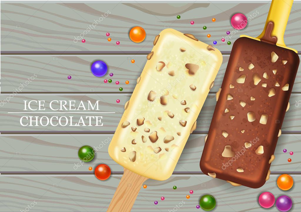 White chocolate and Milk Chocolate ice creams Vector realistic. Product mock up. Label menu dessert design