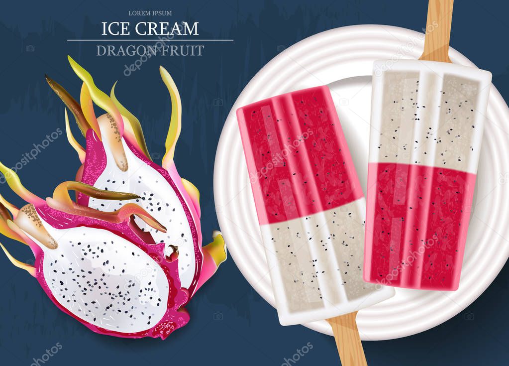 Dragon fruit ice cream Vector realistic. Product packaging mock up. Label menu juicy dessert designs banner poster